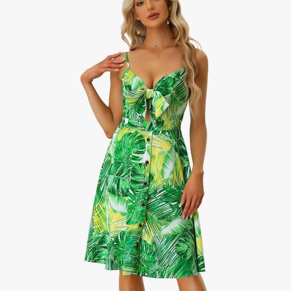 Allegra K green palm tree tropical leaf midi dress with tie knot bust - Picture 7 of 7